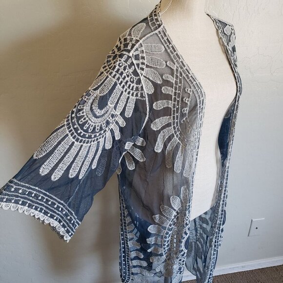 Rebellion Again Mesh Crochet Lace Open Kimono Cover Up Blue Size L Beachy Boho - Picture 5 of 11